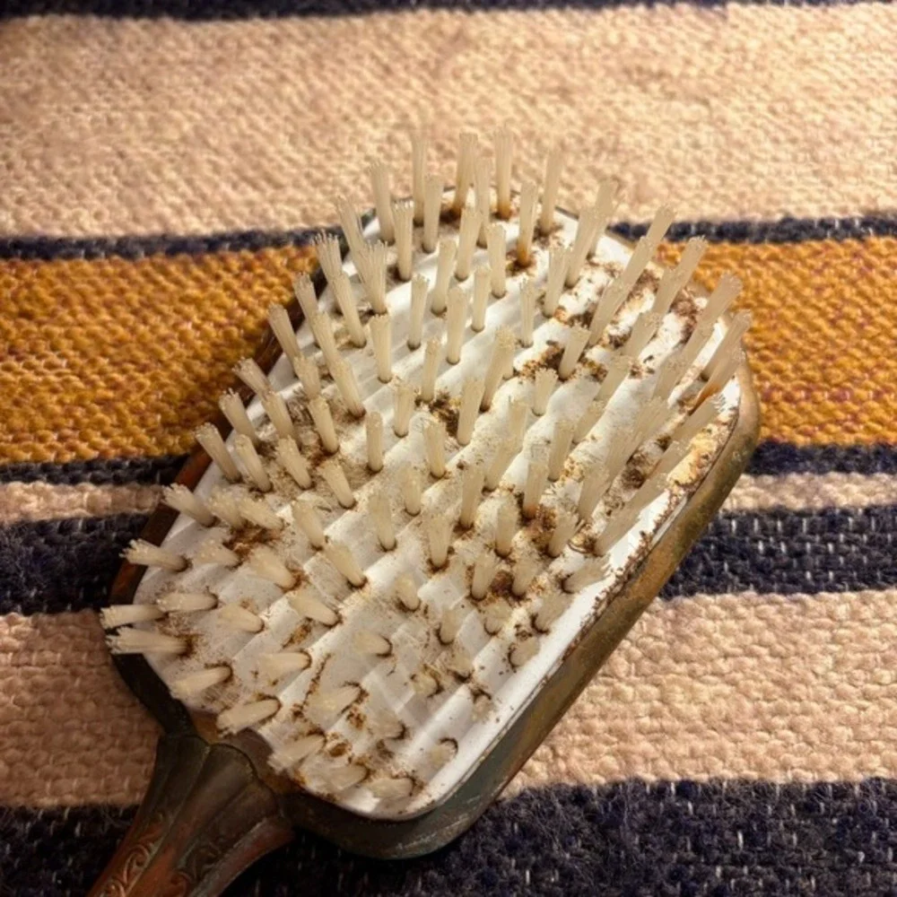 Vintage Art Nouveau Brass Hair Brush Faux Mother of Pearl Floral Vanity Decor‎